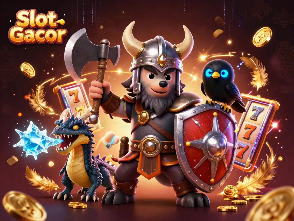 Engage with thrilling Slot Gacor gameplay featuring a Viking wolf warrior and dragon amidst a vibrant casino scene.