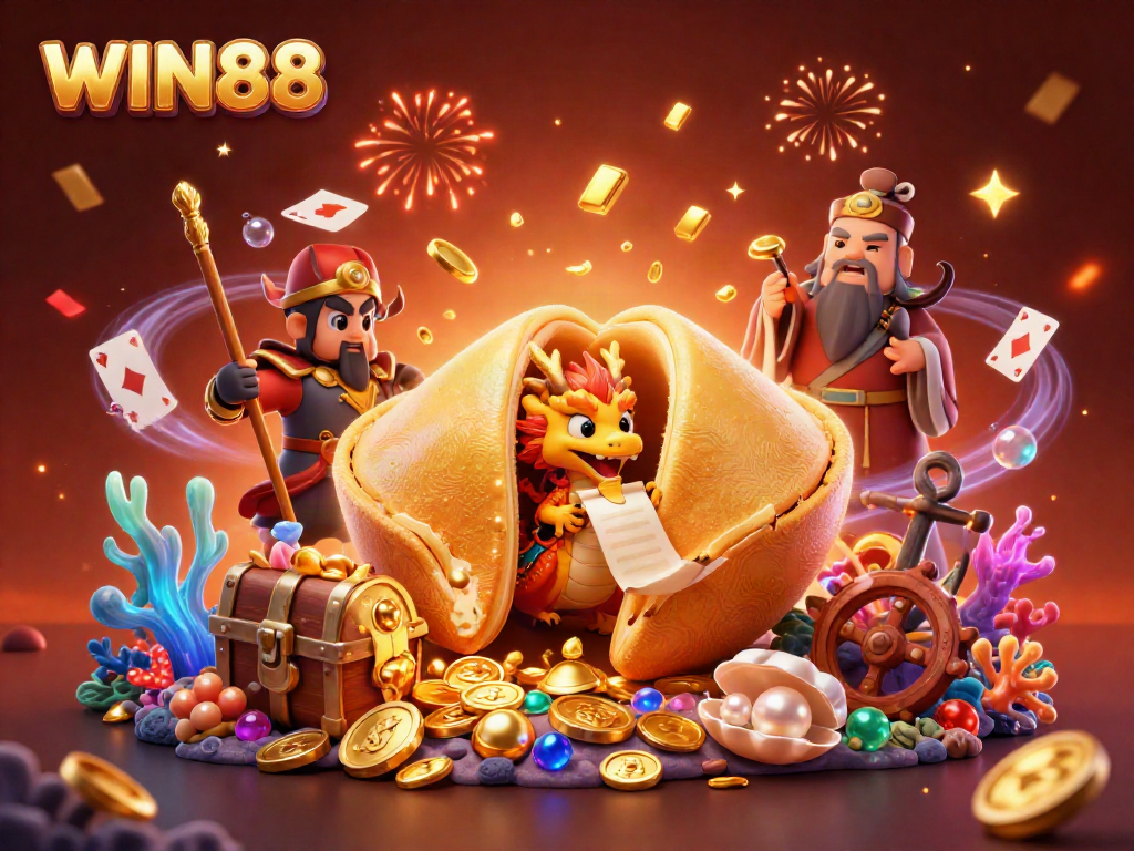 Win88 promotes excitement with a golden fortune cookie, cartoon dragon, and gaming elements.