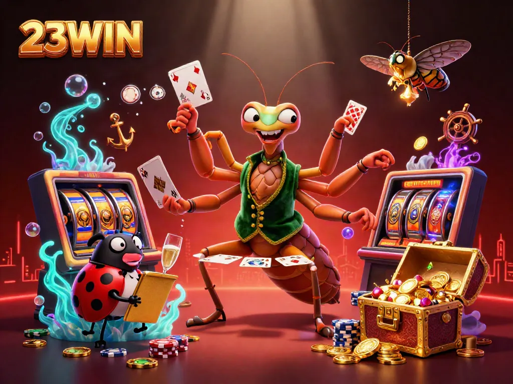 23WIN showcases an exciting 3D casino scene with a praying mantis card sharp and ladybug pit boss in a vibrant environment.