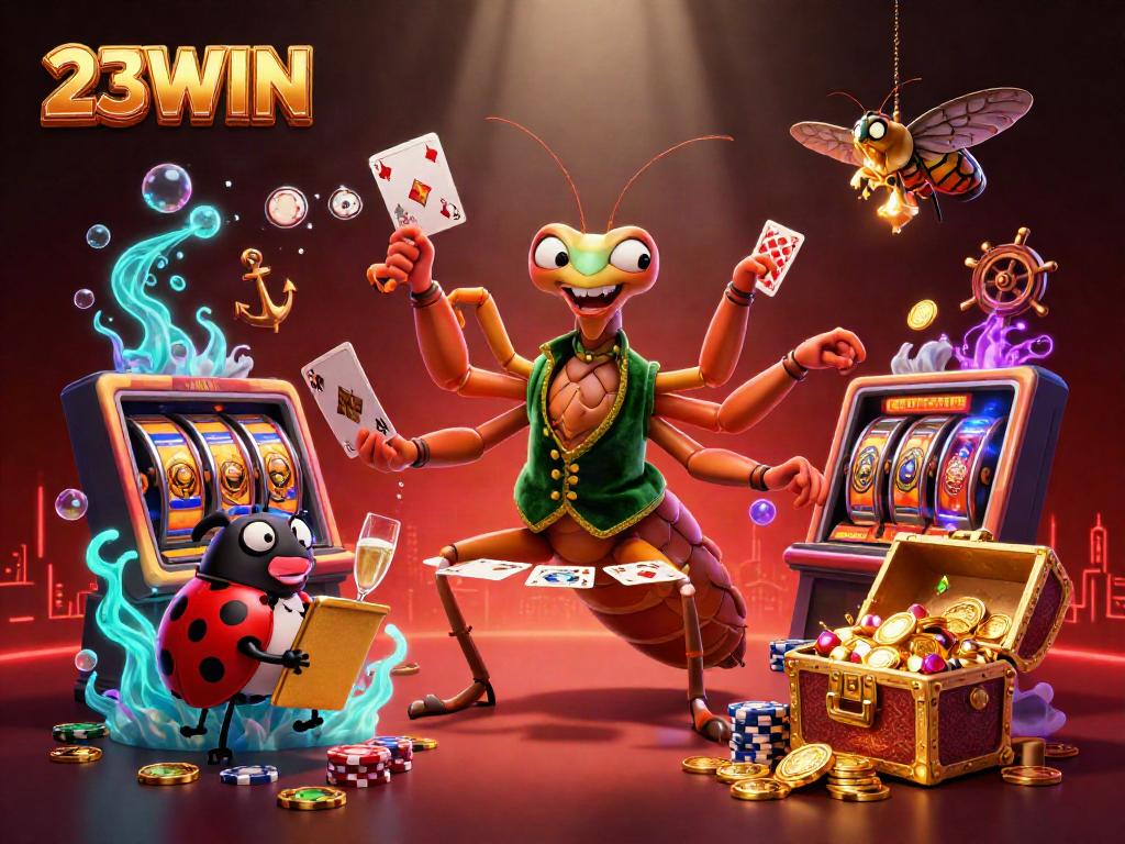 23WIN showcases an exciting 3D casino scene with a praying mantis card sharp and ladybug pit boss in a vibrant environment.