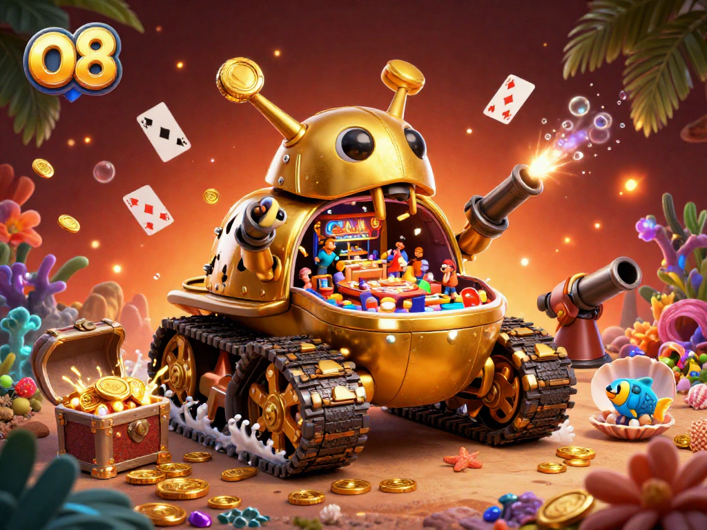 Engage with thrilling gameplay at o8, featuring a massive golden beetle tank casino, vibrant gems, and dynamic gaming elements.