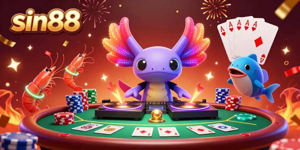 Experience the vibrant atmosphere of sin88 with a neon axolotl DJ and dynamic poker elements.