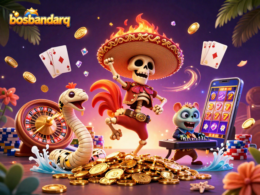 Engage with bosbandarq in a vibrant casino scene featuring animated characters celebrating with coins, gems, and roulette.