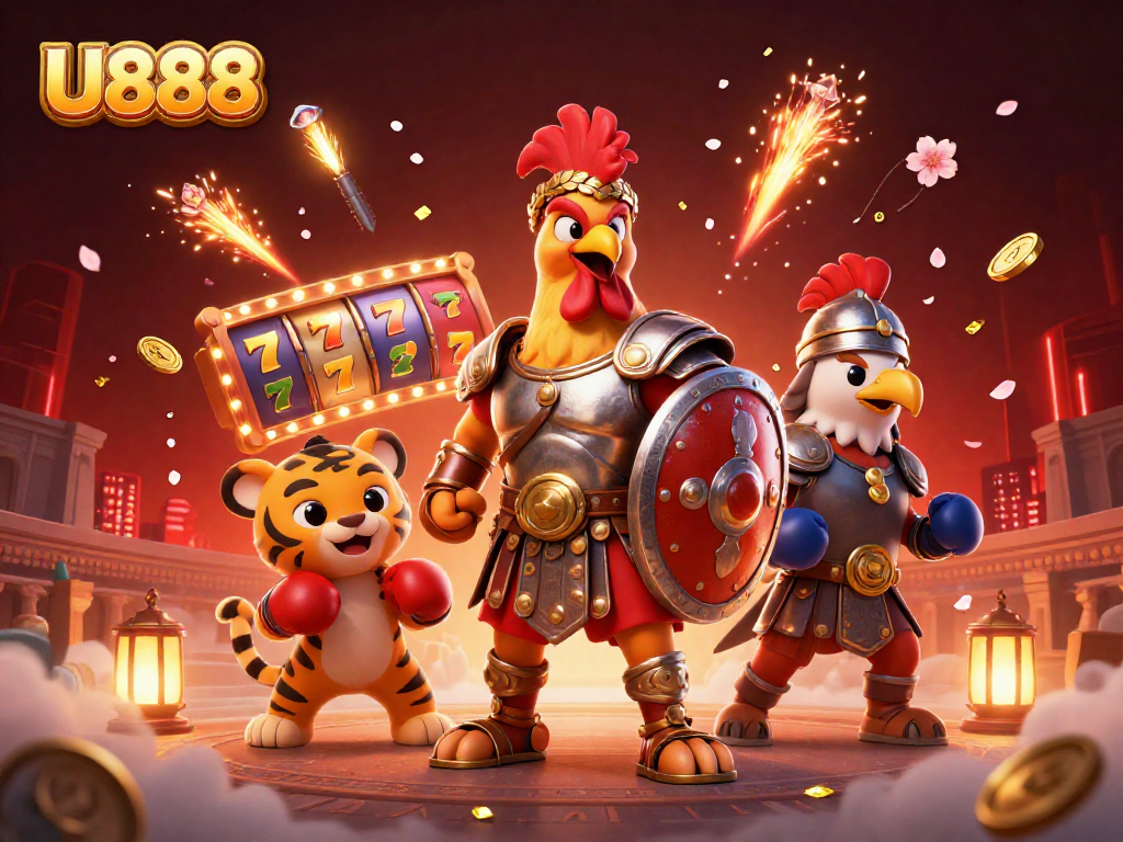 Experience thrilling slots action with U888 featuring a cartoon rooster and energetic casino elements.
