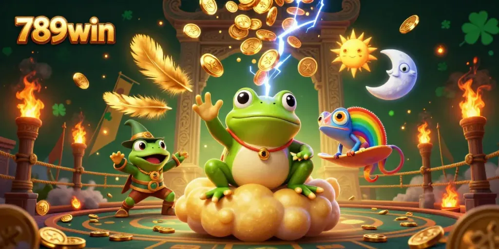 Experience thrilling wins at 789win with a magical storm of golden coins and vibrant characters in an explosive casino setting.