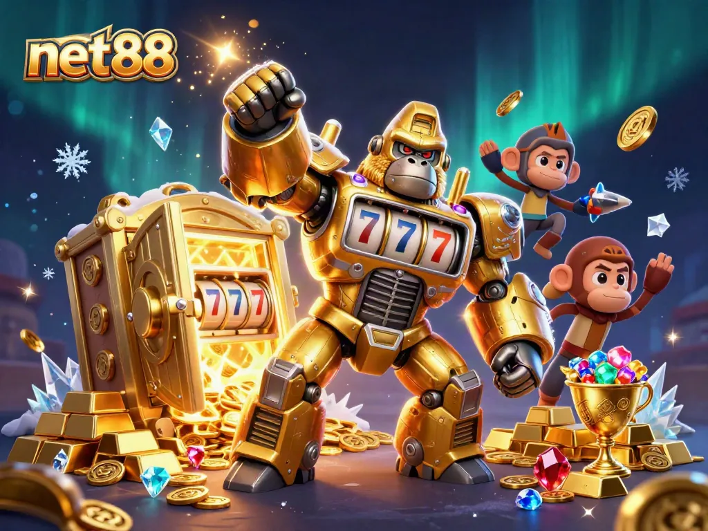 Engage with net88's thrilling slots and casino experience, highlighted by a dynamic 3D gorilla mech.