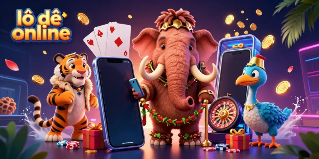 Experience the excitement of lô đề online with a vibrant 3D illustration featuring dynamic characters and casino elements.