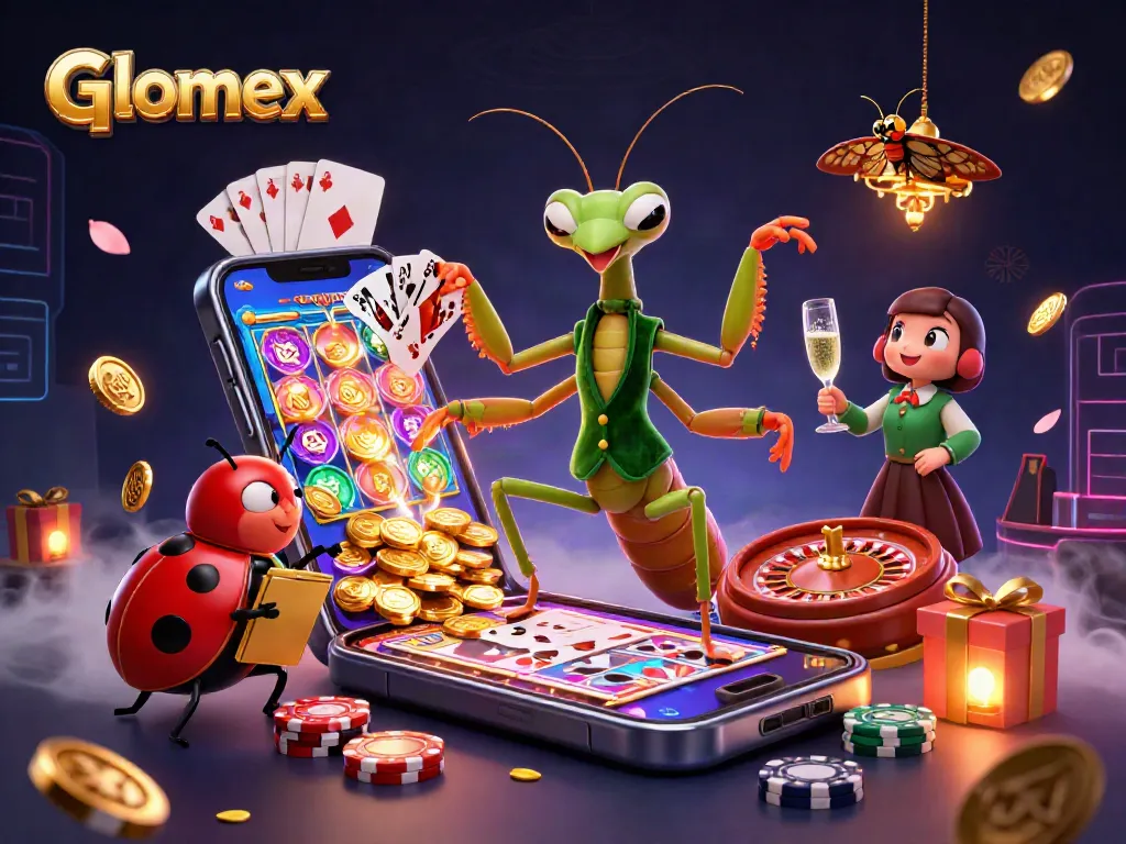 Experience Glomex with a vibrant casino scene filled with a praying mantis dealer and dynamic gaming elements.
