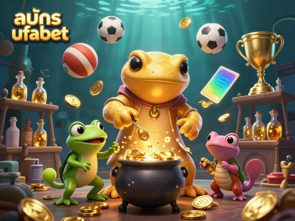 Experience สมัคร ufabet with our lively 3D illustration featuring an alchemist and dynamic sports elements in a casino context.