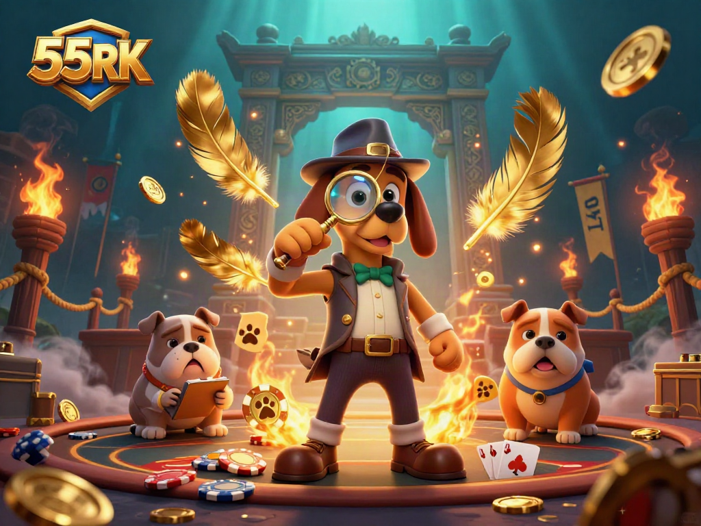 Engage with 55RK as the detective and bulldog uncover poker secrets amidst golden chips and vibrant casino elements.