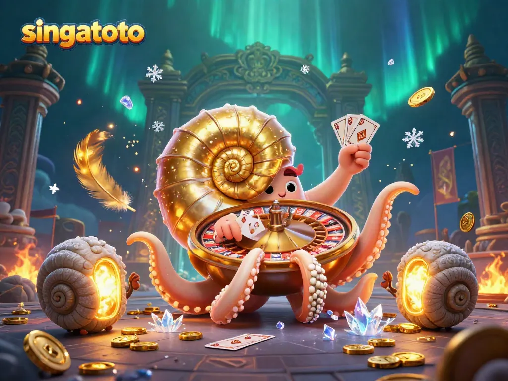 Engage with singatoto's dynamic gaming environment featuring a giant nautilus roulette wheel amidst glowing ammonite fossils.