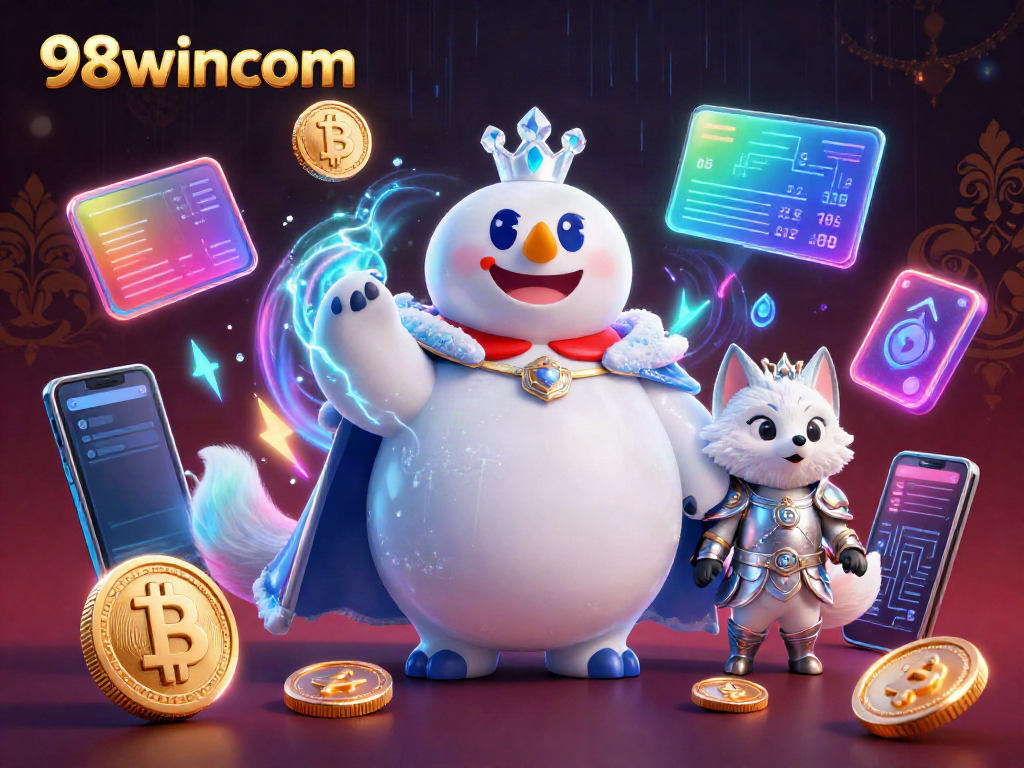 Engage with 98wincom's thrilling gaming scene featuring an ice king and fox amidst neon cryptocurrency elements.