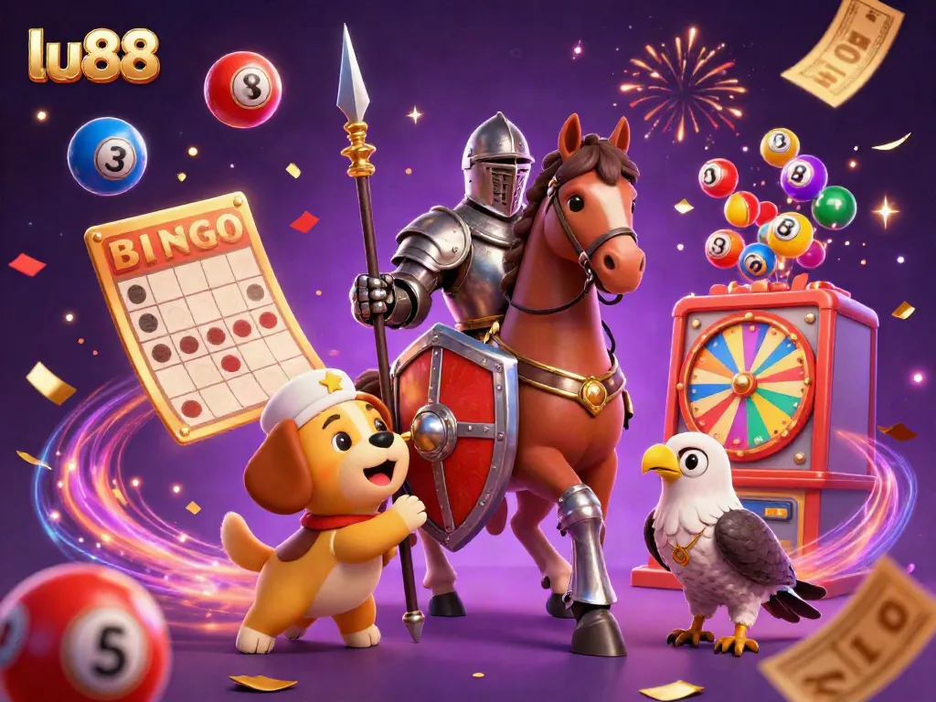 Play to win with lu88's vibrant casino-themed scene showcasing a knight, puppy, and falcon amidst dynamic lottery elements.