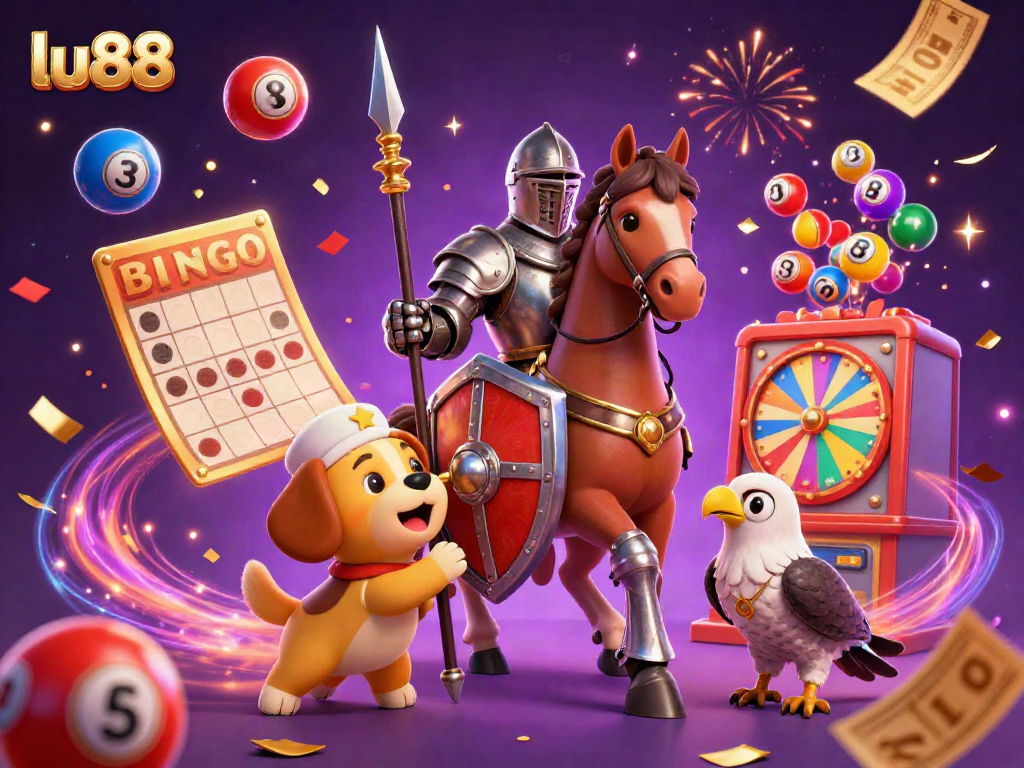 Play to win with lu88's vibrant casino-themed scene showcasing a knight, puppy, and falcon amidst dynamic lottery elements.