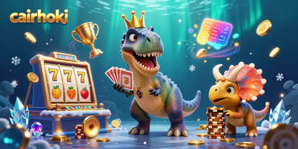 Menggertak chip emas cairhoki di meja kasino oleh karakter dinosaurus 3D dalam ilustrasi animasi.