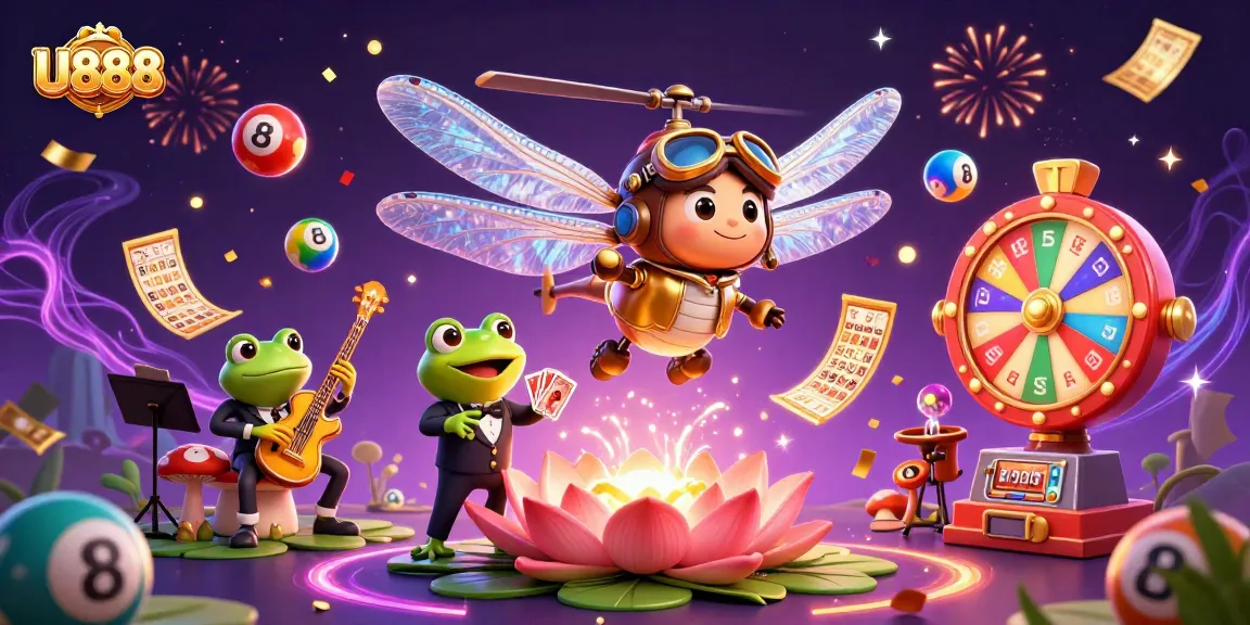 Experience exciting U888 gaming action with a vibrant, dynamic casino scene featuring a dragonfly pilot and a frog dealer.