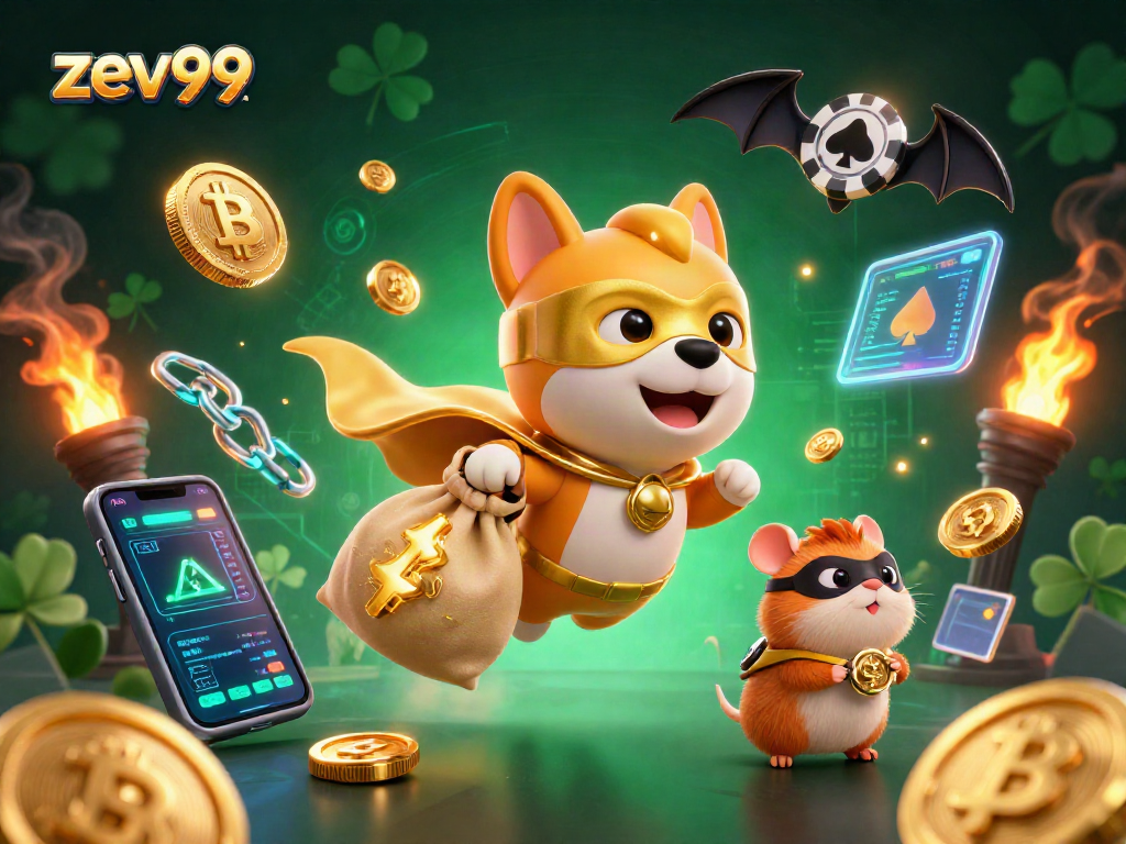 Experience zev99 thrilling gameplay with a superhero dog and hamster in an exciting casino adventure.