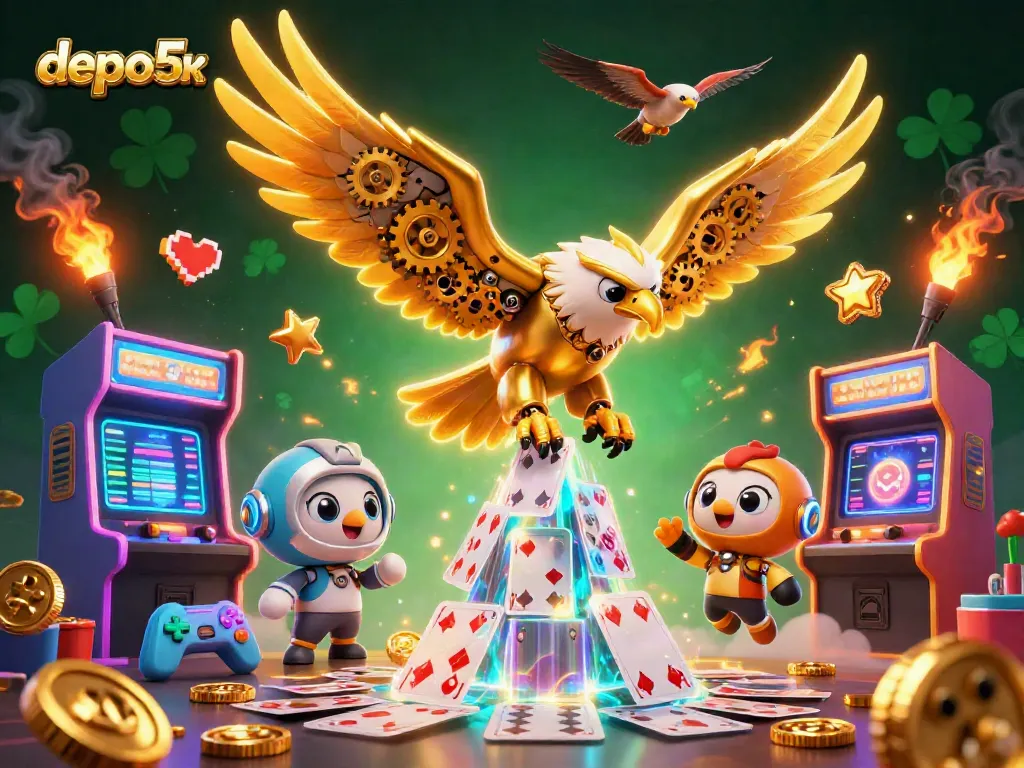 Win big with depo5k in vibrant arcade style casino illustration featuring a golden eagle.