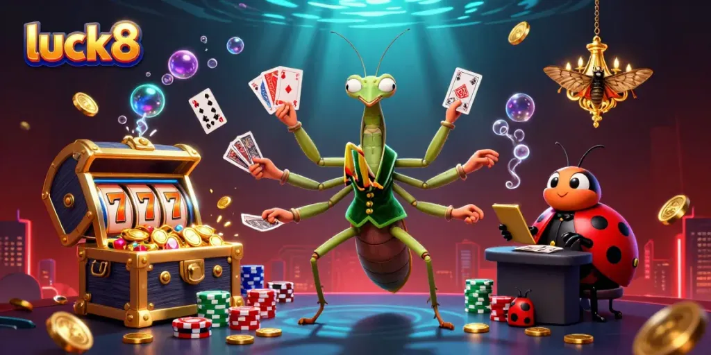 Luck8 showcases a vibrant casino scene with a charismatic praying mantis dealer and captivating elements of slots and chips.