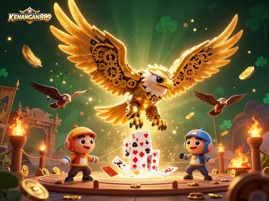 Experience thrilling gameplay at KENANGAN889 with the cybernetic eagle amidst holo-playing cards.