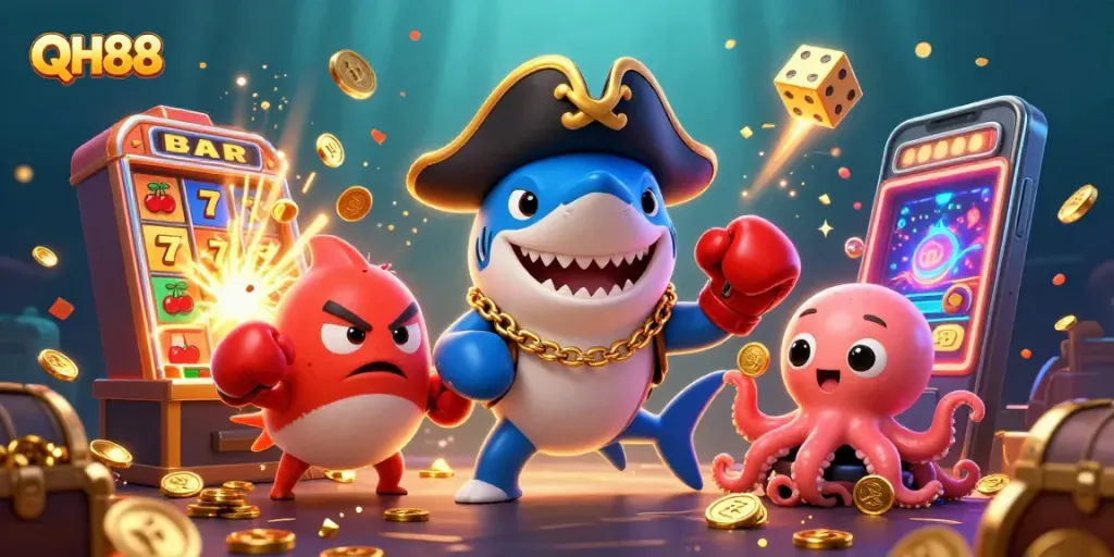 Spin the reels with QH88's exciting characters amidst a vibrant casino explosion.