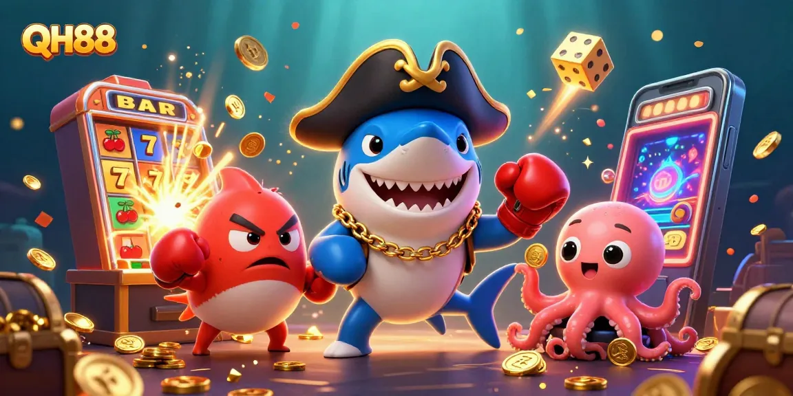 Spin the reels with QH88's exciting characters amidst a vibrant casino explosion.