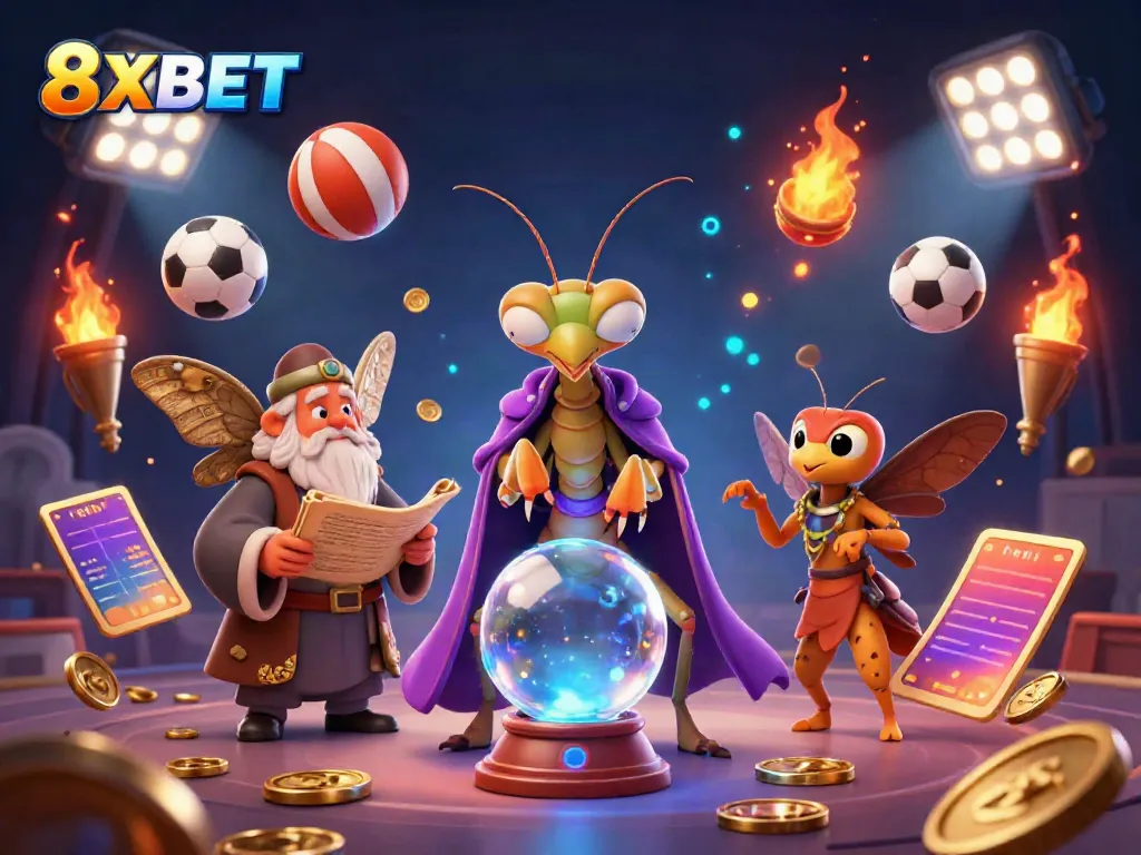 Experience vibrant 8XBET gaming with a mystical fortune teller and dynamic sports elements.