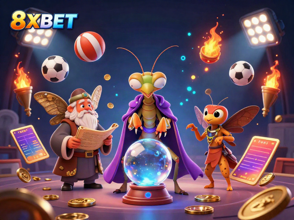 Experience vibrant 8XBET gaming with a mystical fortune teller and dynamic sports elements.