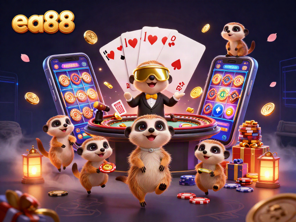 Engage with the vibrant world of ea88 as meerkats orchestrate an exciting casino scene filled with gaming treasures.