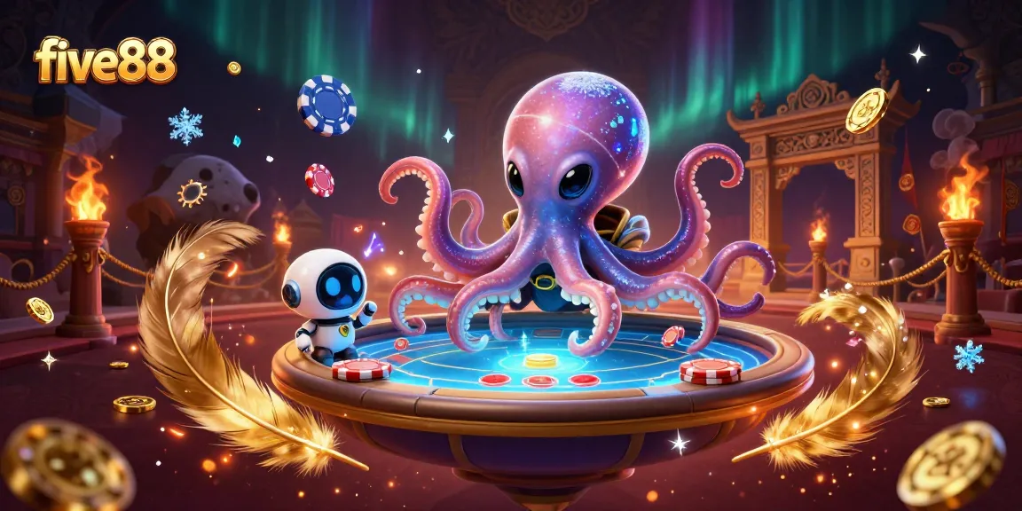Experience intense gaming action with five88, where the alien octopus navigates holographic poker with flair.