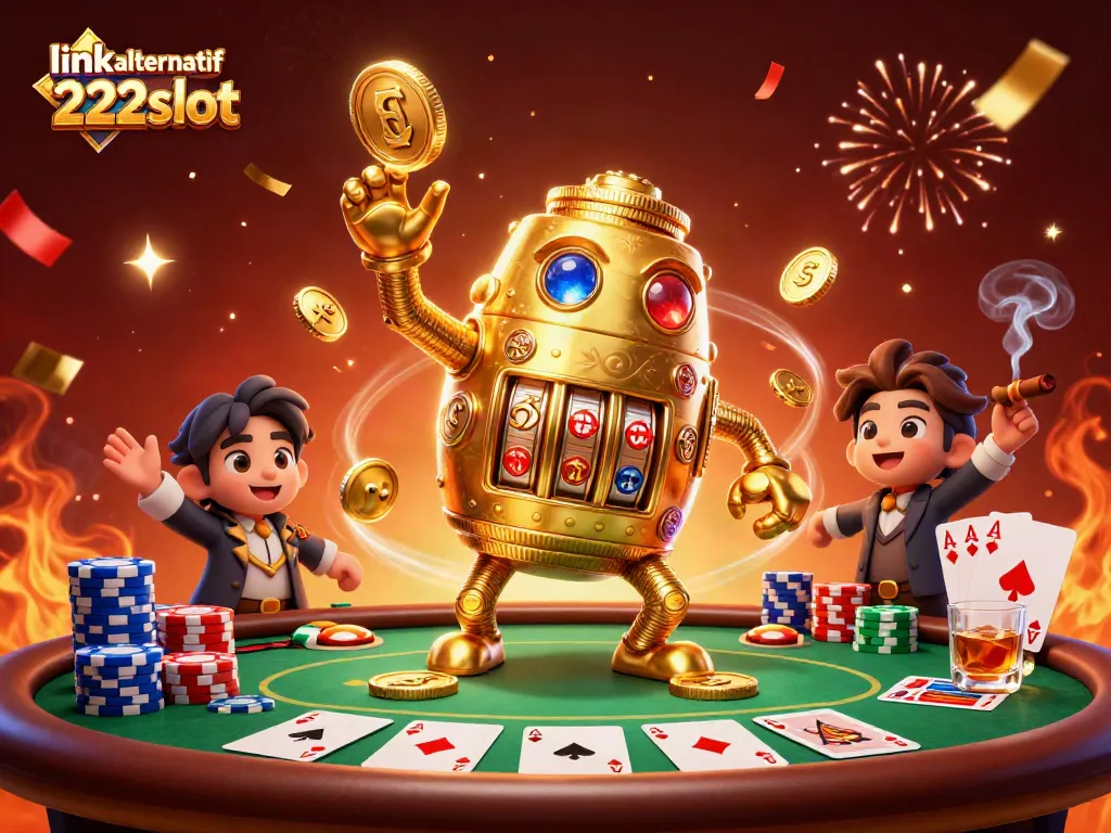 Gambarkan momen menarik saat bermain slot dengan link alternatif 222slot dan simbol keberuntungan mengelilingi karakter utama.