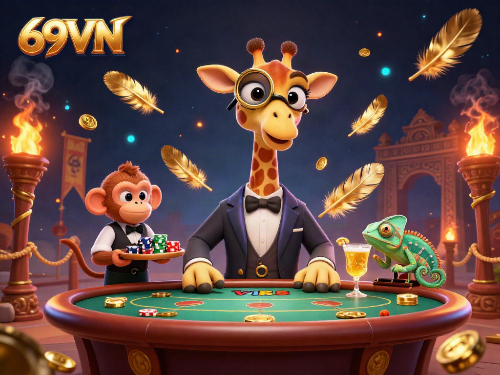 Experience high-stakes gambling with the vibrant 69VN scene featuring a giraffe at a poker table.