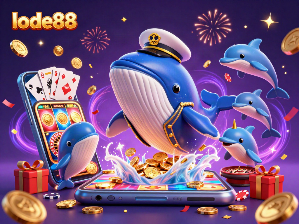 Engage with lode88's thrilling world of online gaming featuring a magnificent whale and dazzling casino elements.