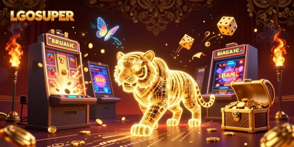 Experience the excitement of LGOSUPER in a vibrant digital casino scene bursting with interactive game elements.