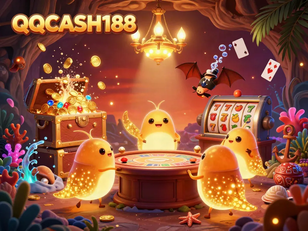Experience QQCASH188 with glowing glowworms in a vibrant underwater casino scene, illustrating fun and excitement.