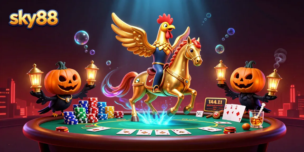 Experience sky88's vibrant casino atmosphere with golden rooster characters and poker elements.