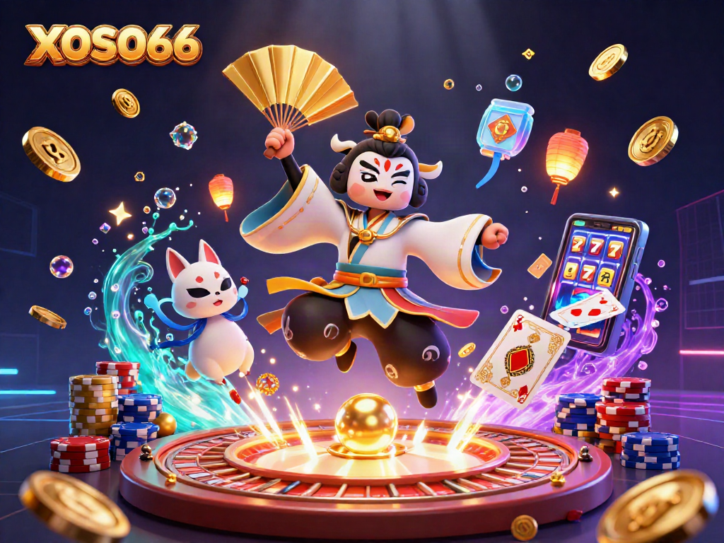 XOSO66 captures gamers in an action-packed casino scene with vibrant characters and dynamic elements.