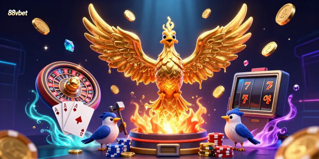 Experience thrilling action at 88vbet with a stunning scene of spinning roulette, golden coins, and a majestic phoenix.