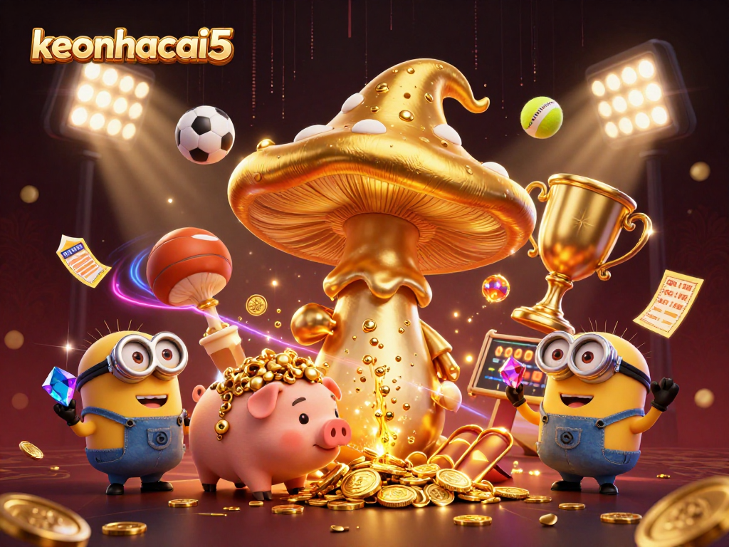 Engaging illustration showcasing keonhacai5 with a golden wizard and sports elements in a vibrant casino scene.