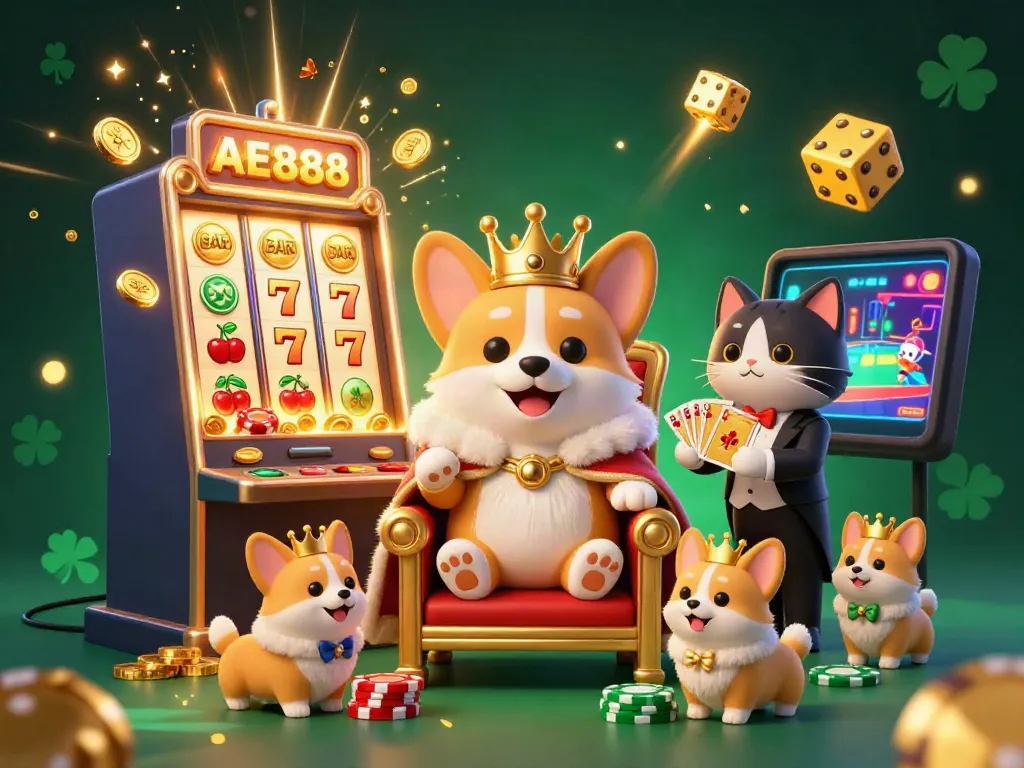 Experience thrilling AE888 gaming with royal corgi and dynamic casino elements in 3D.