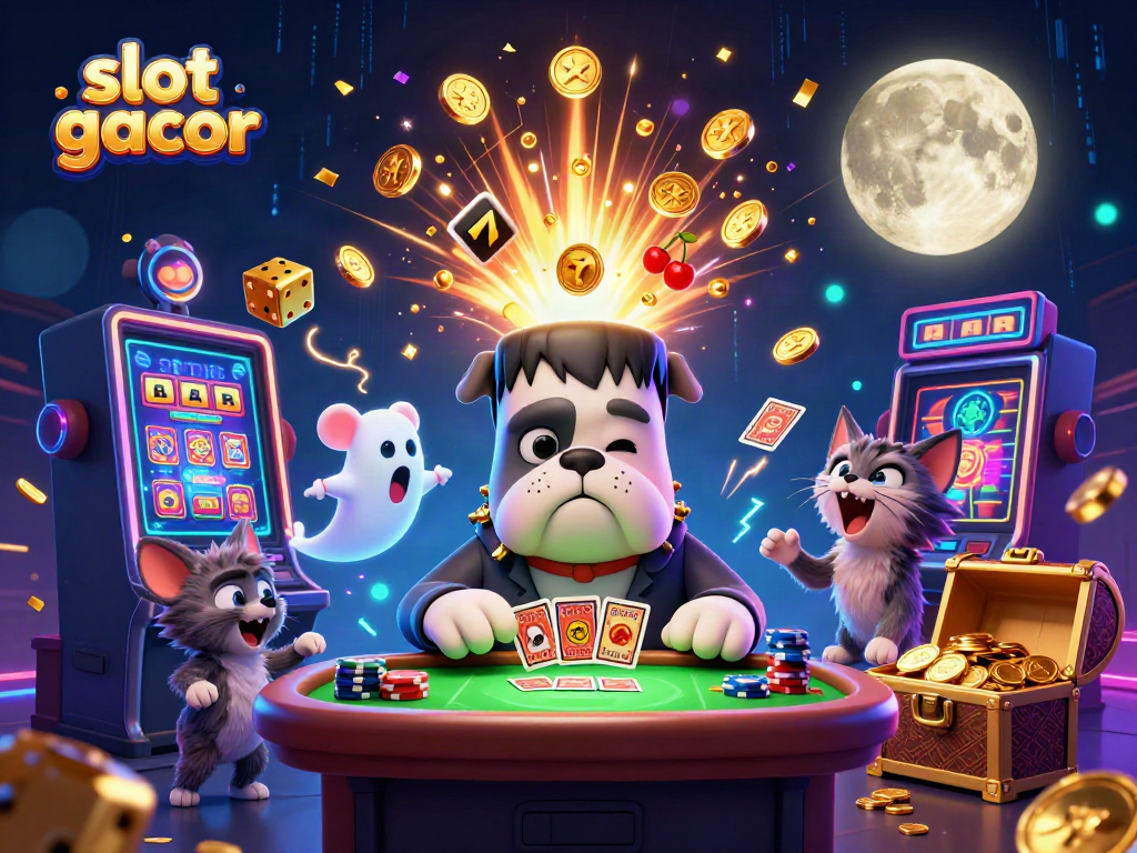 Engage in the excitement of slot gacor with a colorful 3D illustration featuring unique characters and vibrant casino elements.