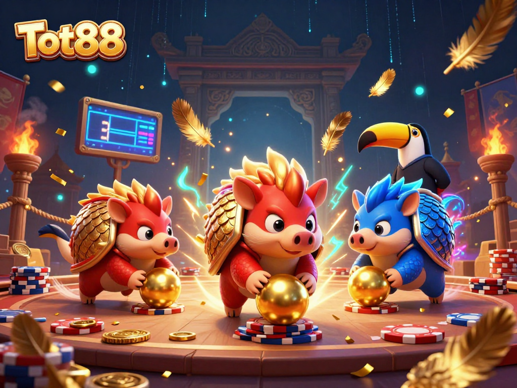 Tot88 pangolins battle through poker chips in a vibrant casino scene, showcasing epic gameplay.
