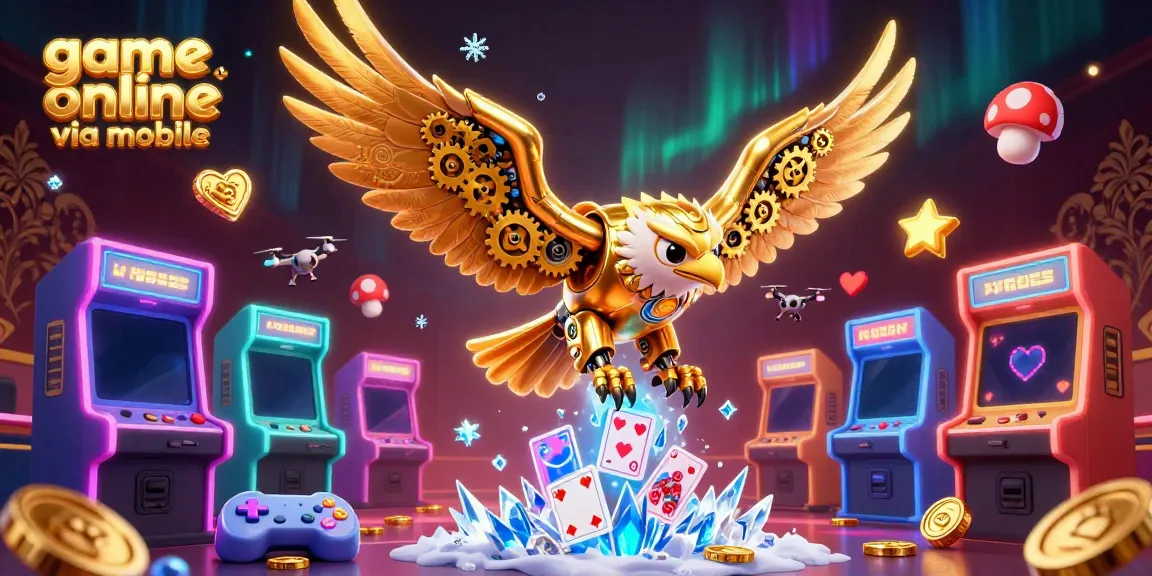 Experience exciting game online via mobile, featuring a cybernetic eagle and holographic cards.