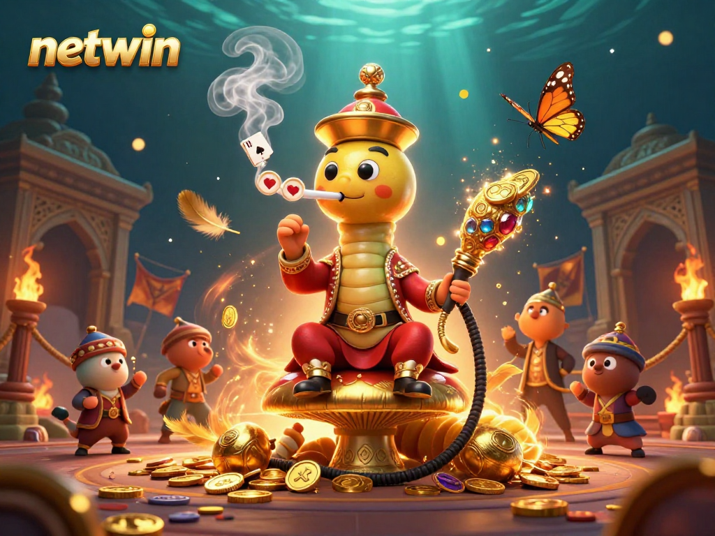 Experience the enchanting world of netwin with a vibrant 3D scene featuring a playful caterpillar and casino symbols.