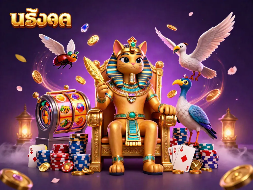 Engaging illustration of a pharaoh cat and ibis in a rich, vibrant scene showcasing สล็อต game reels, coins, and chips.