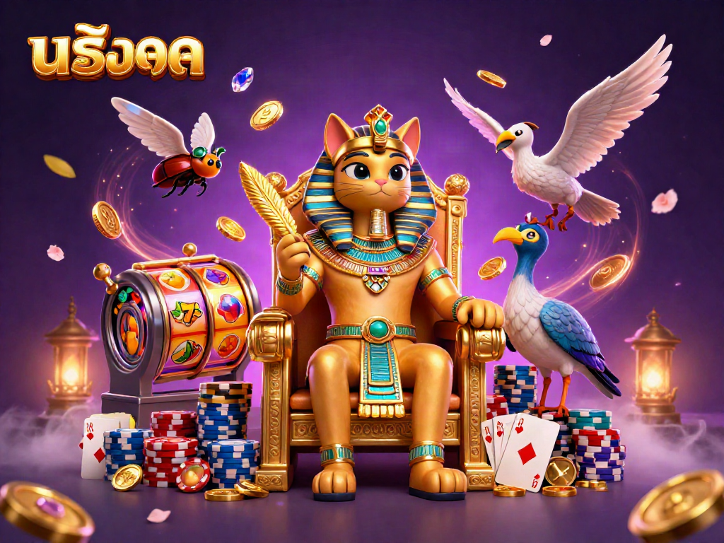 Engaging illustration of a pharaoh cat and ibis in a rich, vibrant scene showcasing สล็อต game reels, coins, and chips.