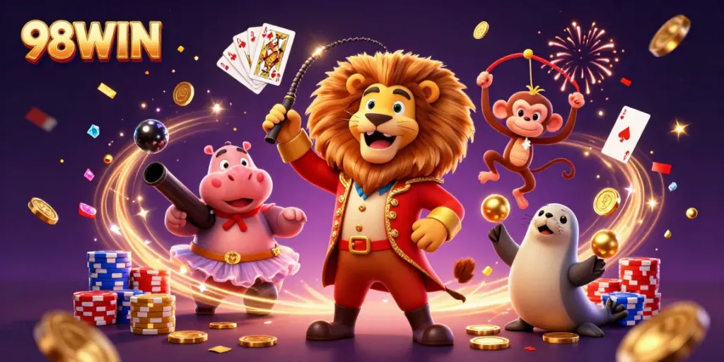 Experience exciting gameplay with 98WIN’s lively characters amidst cascading treasure and casino elements.