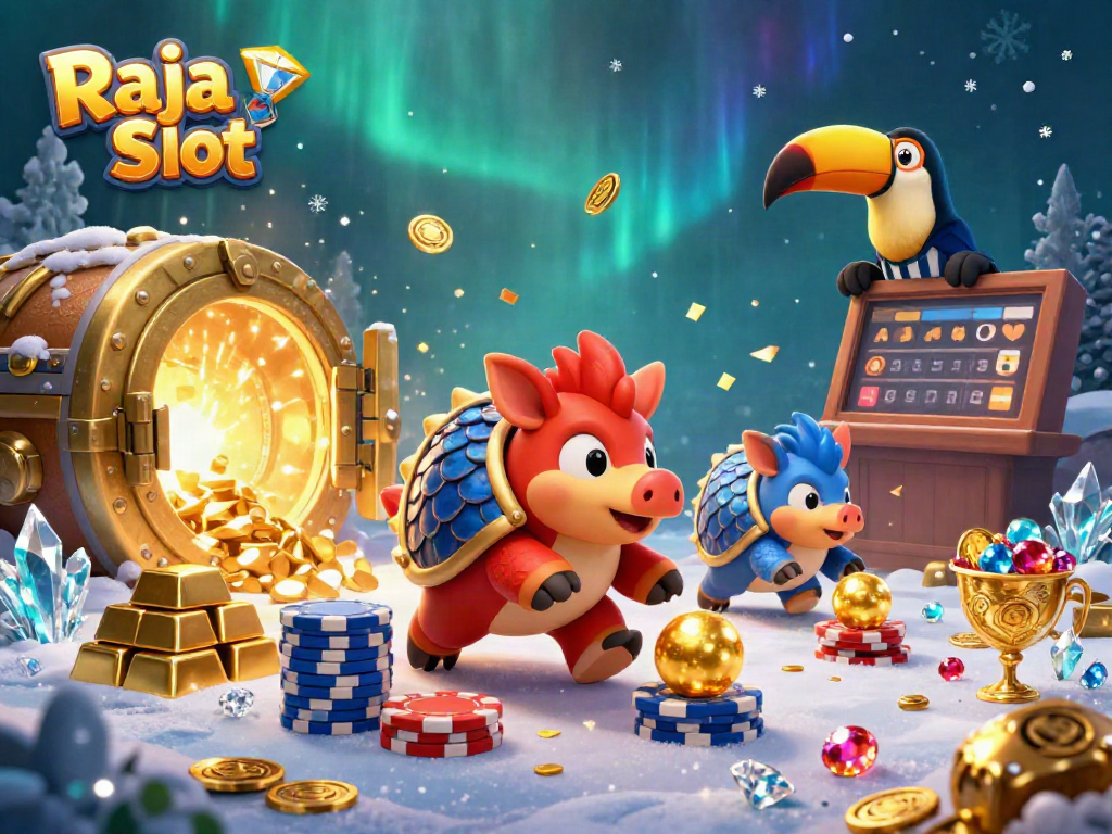 Experience the thrill of Raja Slot with rival pangolins bowling through poker chips in an exciting casino scene.