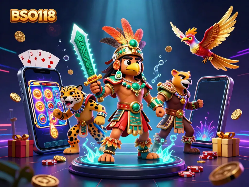 Engage with BSO118 and explore dynamic slot games from a vibrant 3D casino scene.