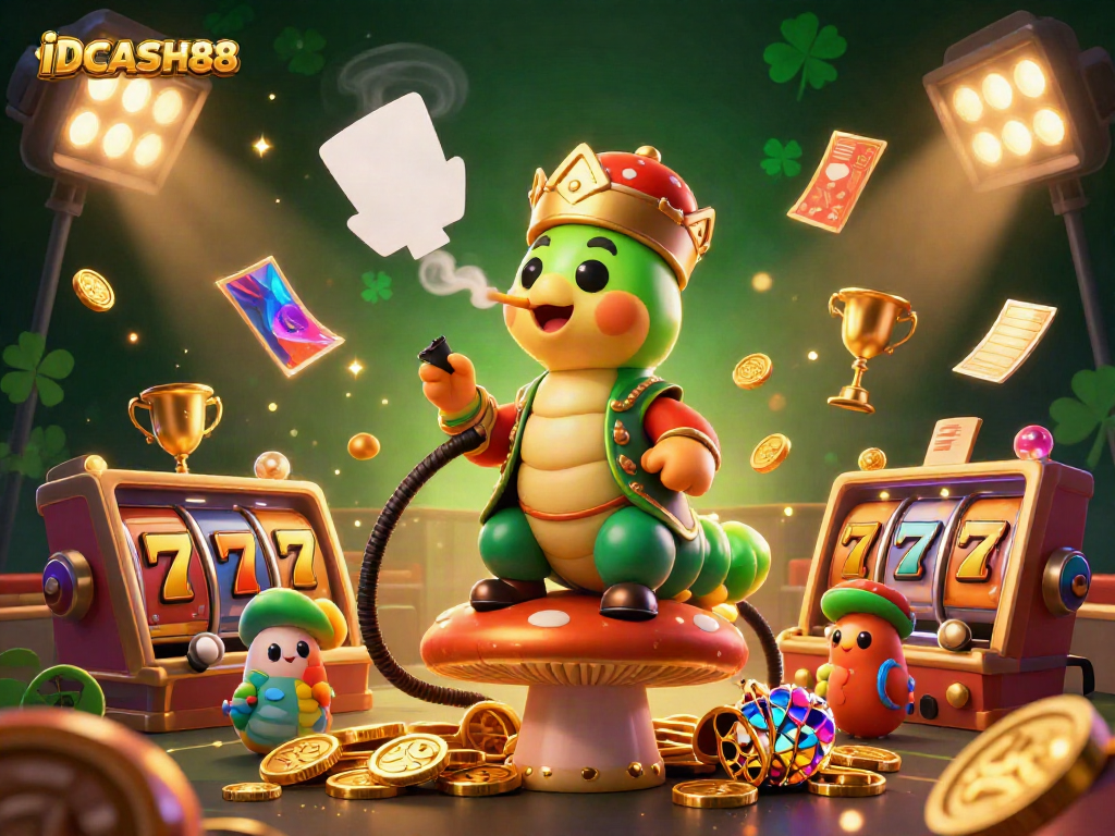 Engage with IDCASH88's exciting gaming experience featuring a lively caterpillar in a casino setting.